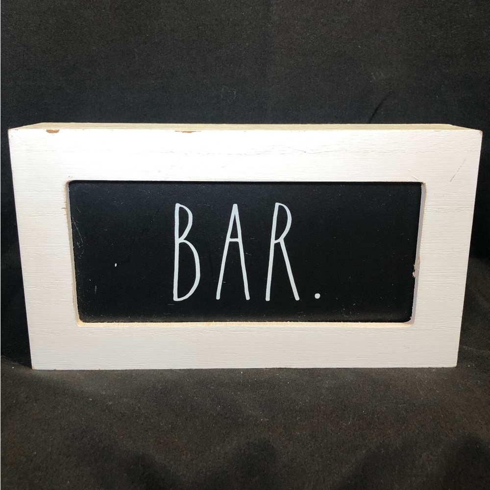 RAE DUNN BAR SIGN, black with white lettering and white frame, 9”L x 5”T